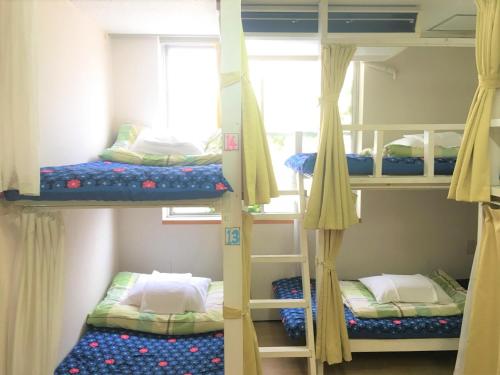 three bunk beds in a room with a window at Kagoshima Little Asia in Kagoshima