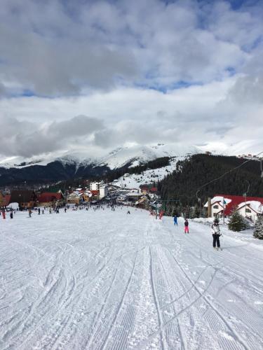a group of people skiing down a snow covered slope at Vila Carla Elena Ranca in Ranca