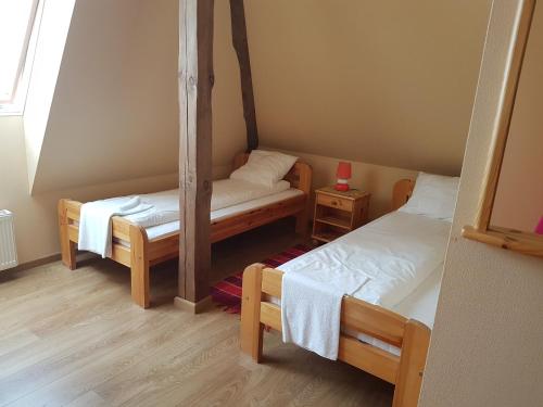 a small room with two beds and a window at Aitiņlauvas in Tīreļi
