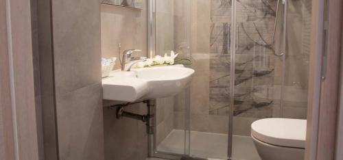 uma casa de banho com um lavatório, um chuveiro e um WC. em Hotel Sandra em Rimini