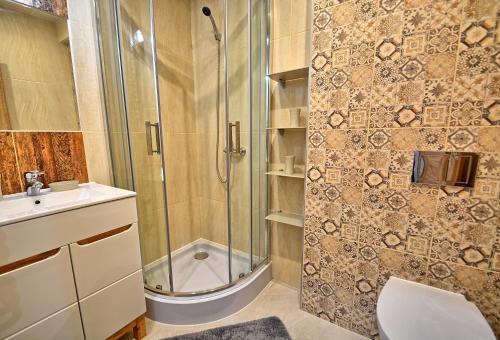 a bathroom with a shower and a toilet and a sink at Apartament Dworcowa 4 in Ustrzyki Dolne