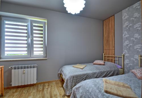 a bedroom with two beds and a window at Apartament Dworcowa 4 in Ustrzyki Dolne