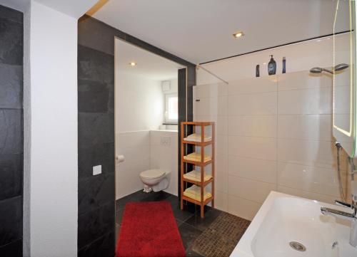 La petite salle de bains est pourvue de toilettes et d'un lavabo. dans l'établissement Exclusiv Apartment Rödermark 3 Schlafzimmer, à Rödermark
