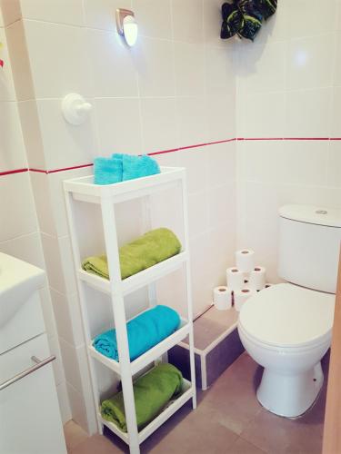 ein Badezimmer mit einem WC und einem Regal mit Handtüchern in der Unterkunft Cosy studio apartment in Torrevieja in Torrevieja