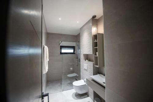 La salle de bains est pourvue de toilettes, d'un lavabo et d'une douche. dans l'établissement Villa Amoretta - Pisak (Omiš), à Pisak