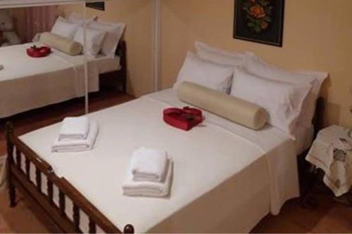 a bedroom with two beds with towels and red roses on them at Villa VS in Vathí