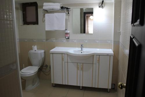a bathroom with a sink and a toilet and a mirror at Kayiboyu Hotel in Beypazarı