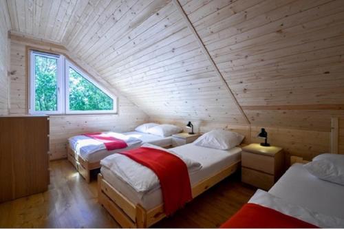 オストロボにあるNadmorski Skarb Domki Apartamentoweのログキャビン内のベッド3台が備わる部屋