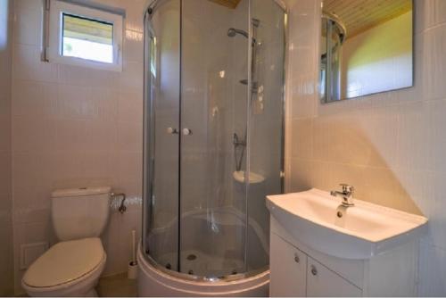 een badkamer met een douche, een toilet en een wastafel bij Nadmorski Skarb Domki Apartamentowe in Ostrowo
