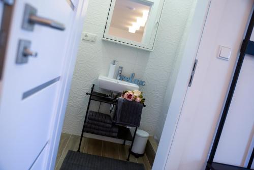 a bathroom with a sink and a flower on a shelf at Apartmány Benešov in Benešov nad Ploučnicí
