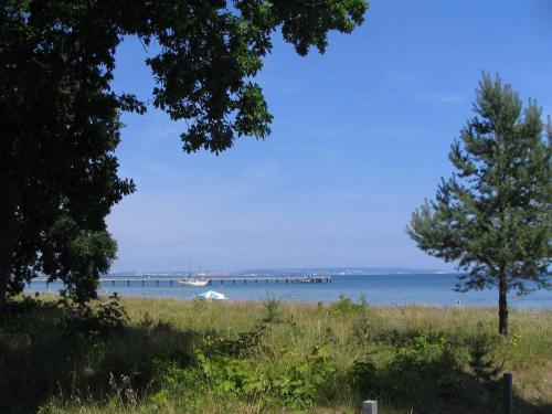 a beach with a pier and a boat in the water at Villa am Kreidebruch _ Komfort_App in Sassnitz