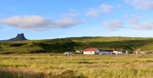 a house in a field with a mountain in the background at Hótel Bjarkalundur in Reykhólar