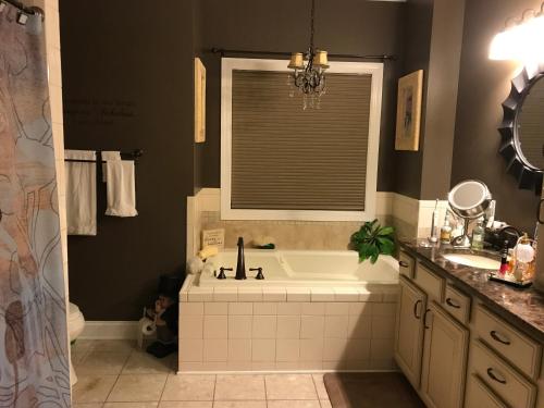 baño con bañera, lavabo y ventana en Lamp Lighter Mountain Inn, en Zirconia