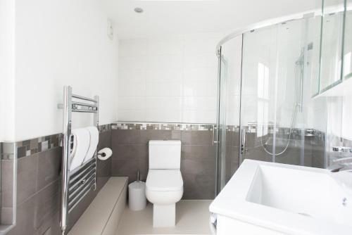 a bathroom with a toilet and a sink and a shower at The New Bond Street Loft - Modern & Central 1BDR in London