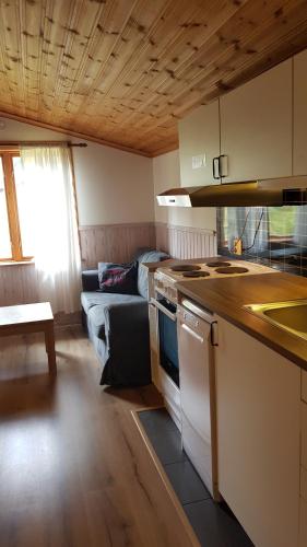 a kitchen and living room with a couch at Bjursås Berg & Sjö in Bjursås