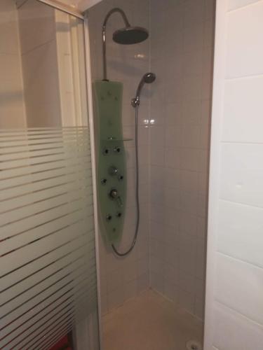 une salle de bain avec une douche avec une porte vitrée dans l'établissement Appartement a 500 metres de l'ocean, à Mimizan