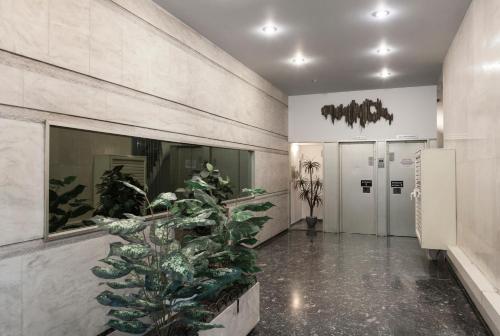 a hallway with a large plant in a building at Scent Of Freedom Apartment Renovated in Athens