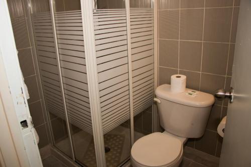 a small bathroom with a toilet and a shower at Saint Lawrence Residences and Suites in Toronto