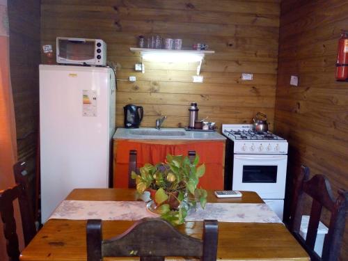 a kitchen with a table and a stove and a refrigerator at Cabaña mandala in Tigre