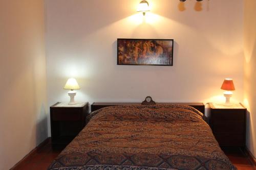 a bedroom with a bed and two lamps on two tables at Casa de montaña, valle del sol, potrerillos, Mendoza in Mendoza