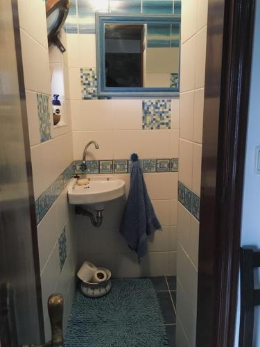 a small bathroom with a sink and a toilet at Casa d'Olívia in Porto da Cruz