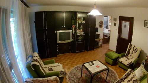 a living room with a couch and chairs and a tv at Kuca za odmor Zicanka in Kraljevo