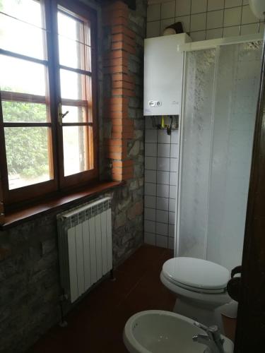 a bathroom with a toilet and a sink and a window at Agriturismo TERRANERA in Scansano