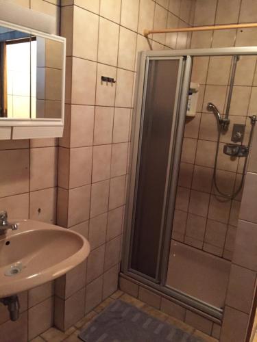 a bathroom with a shower and a sink at Amstetter’s Ferienwohnung in Waldenstein