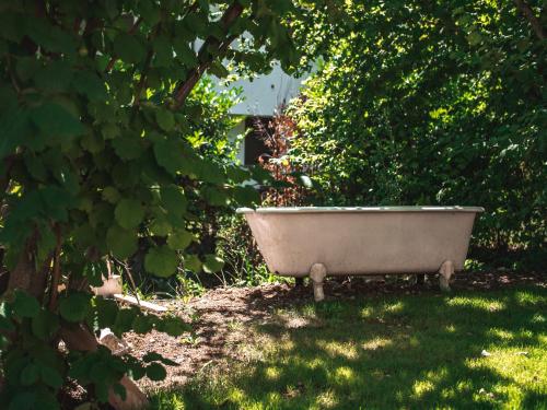 a bath tub sitting in the grass in a yard at Alloggio del Fiume - Le Vecchie Vasche in Scoppito