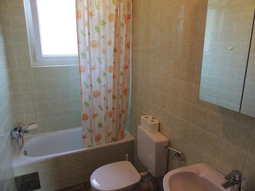 a bathroom with a toilet and a shower curtain at Fewo Zak in Sankt Kanzian