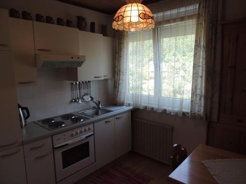 a kitchen with a stove and a sink and a window at Fewo Zak in Sankt Kanzian