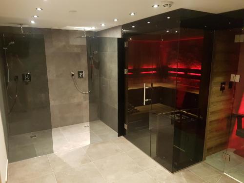 シュラートミンクにあるHotel Schladmingerhofのバスルーム(ガラスドア付きのシャワー付)