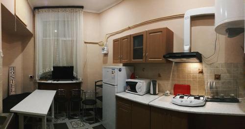eine kleine Küche mit Spüle und Kühlschrank in der Unterkunft U Elzhbety in Lwiw