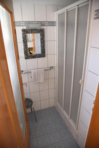 a bathroom with a shower and a mirror at Pension Heib in Cochem