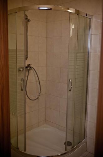 a shower with a glass door in a bathroom at KOLUMNY 217- tanie noclegi pracownicze, parking bezpłatny in Łódź