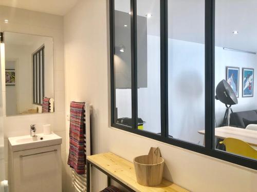 een badkamer met een wastafel en een spiegel bij Le 17 Faubourg in Annecy