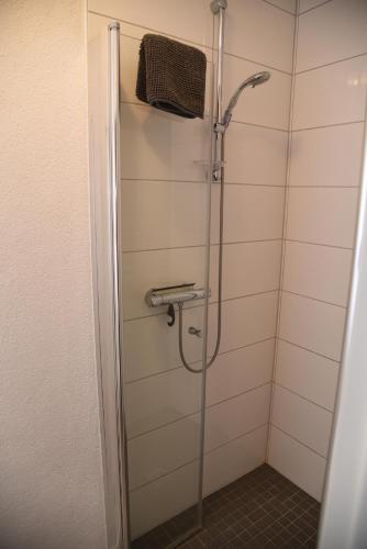 a shower in a bathroom with a glass door at Pension Heib in Cochem
