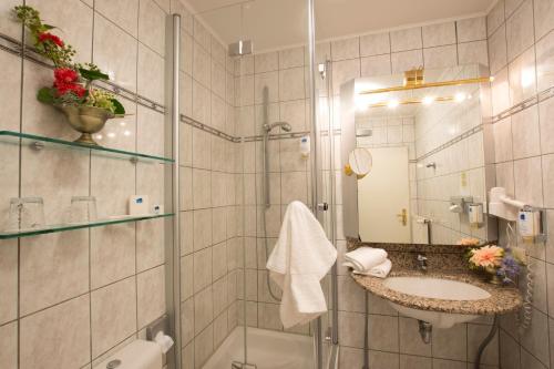 a bathroom with a shower and a sink and a mirror at Hotel am Luisenplatz in Potsdam