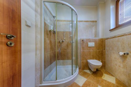 bagno con doccia e servizi igienici. di Hotel Tevel a Sládkovičovo