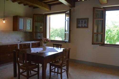 a kitchen with a table and chairs and windows at Agriturismo Il Beccafico Alpaca in Mengara