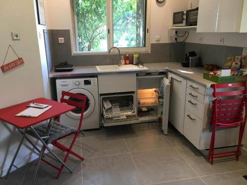 une cuisine avec un lave-linge et une table rouge dans l'établissement Les terrasses sur mer, à Ollioules