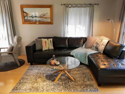 a living room with a leather couch and a glass table at Kiwarrak Country Retreat in Old Bar