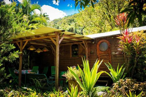 a log cabin with a roof and chairs in a garden at West Indies Cottage in Pointe-Noire