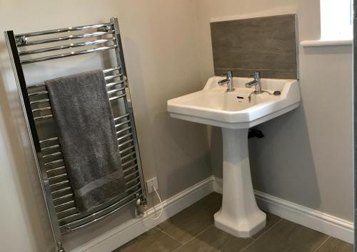 a bathroom with a sink and a shower with a mirror at Pheasant Cottage in Tarporley