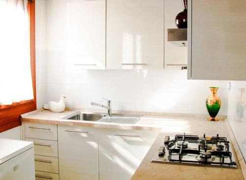 uma cozinha branca com um fogão e um lavatório em CA'Rialto em Veneza