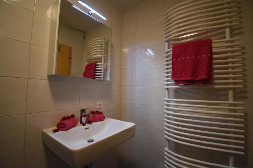 a white bathroom with a sink and a mirror at Wegscheiderhof in Mühltal