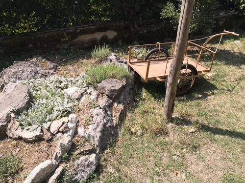a wheelbarrow sitting next to a garden of plants at La Mandra in Morino