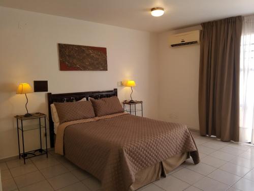 um quarto com uma cama e duas lâmpadas em duas mesas em Departamentos Mendoza em Mendoza
