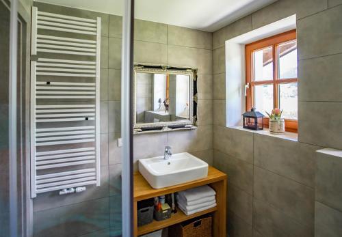 a bathroom with a sink and a mirror at Alpenhaus Dachstein.Zauber in Abtenau