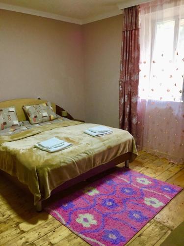 a bedroom with a bed with a rug and a window at Sunny guesthouse in Stepantsminda